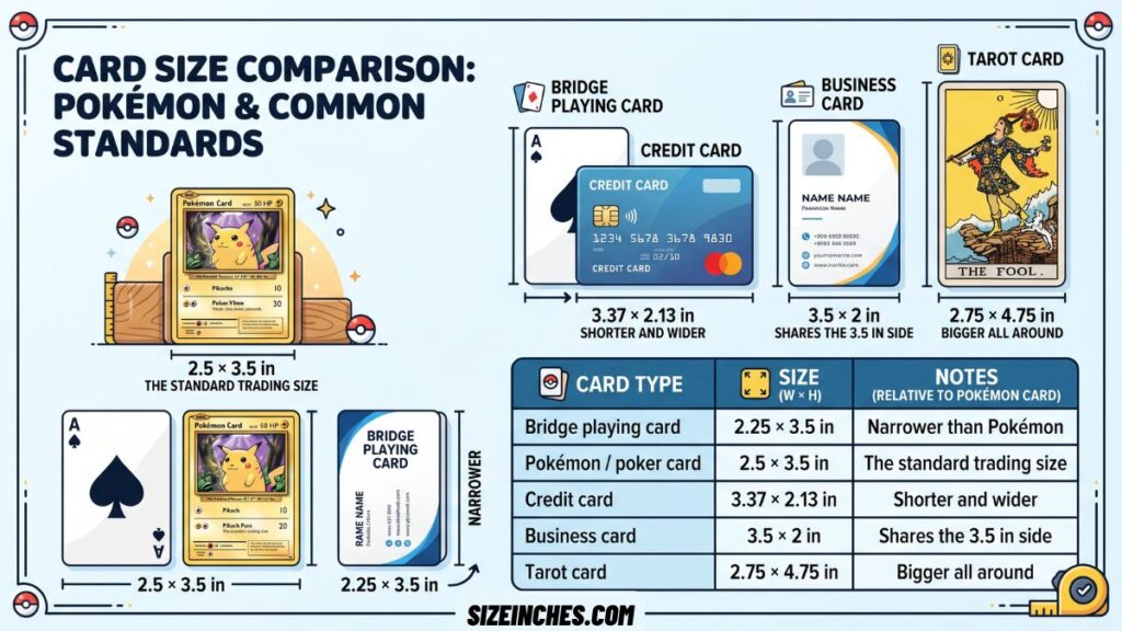 Pokémon card size comparison against credit card, business card, and tarot card dimensions.