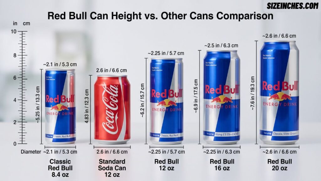 Red Bull can height chart comparing the 8.4 oz can to a soda can and 12, 16, and 20 oz sizes.
