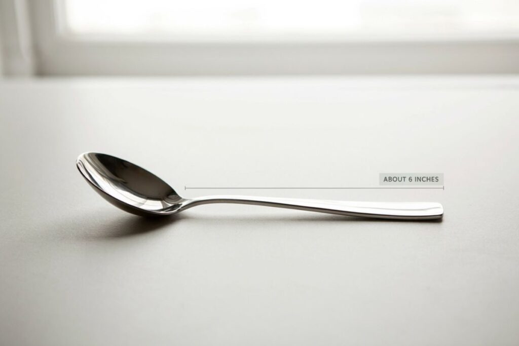 A large serving spoon about 6 to 7 inches long shown next to a dollar bill