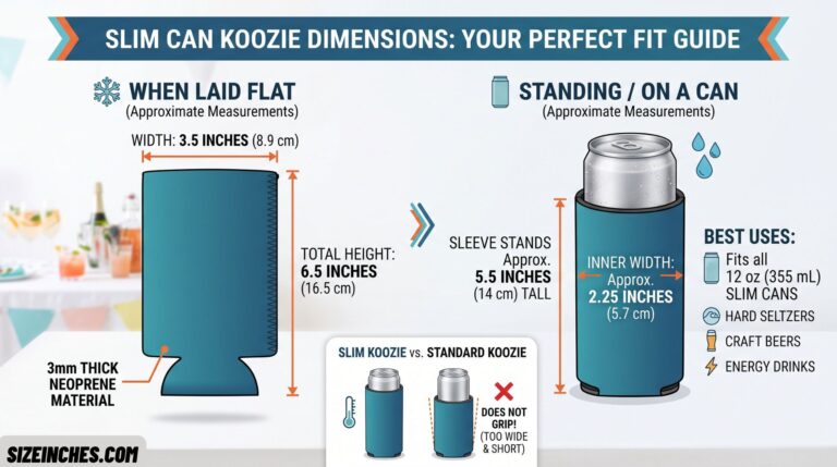 Slim can koozie dimensions guide showing a 3.5 x 6.5 inch flat sleeve that stands 5.5 inches tall with a 2.25 inch inner width for 12 oz slim cans.