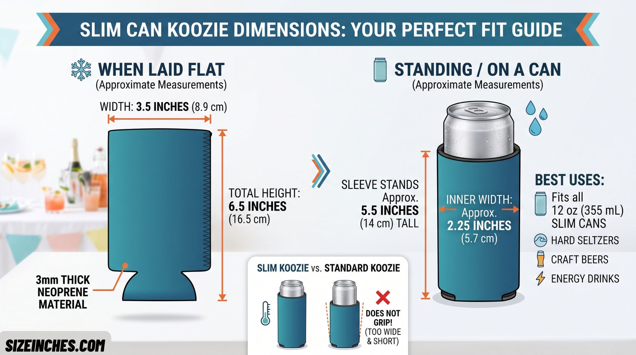 Slim can koozie dimensions guide showing a 3.5 x 6.5 inch flat sleeve that stands 5.5 inches tall with a 2.25 inch inner width for 12 oz slim cans.