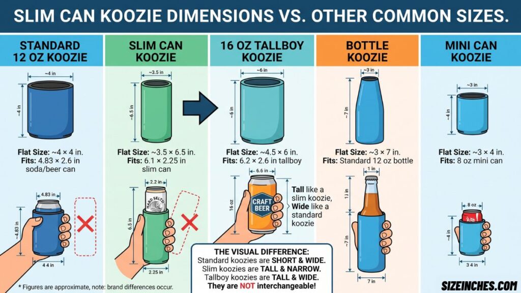Koozie size comparison showing slim, standard 12 oz, tallboy, bottle, and mini can koozie fits.