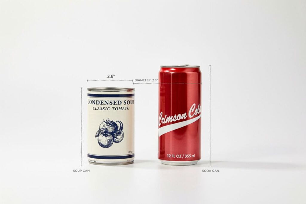 Condensed soup can compared to a standard soda can with the same 66 mm diameter