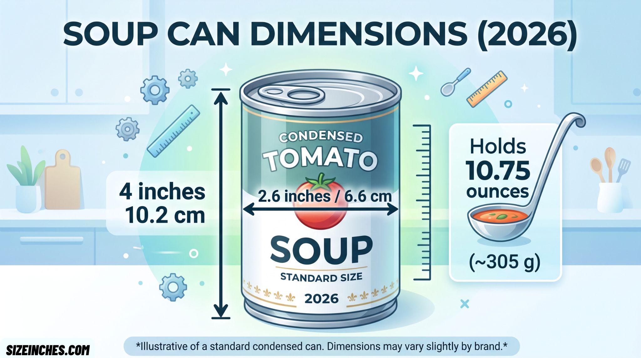Soup can size showing a standard 10.75 oz condensed can 4 inches tall and 2.6 inches wide