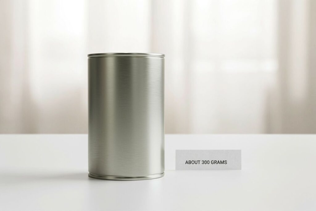 A standard can of condensed soup holding about 300 grams shown as a pantry reference