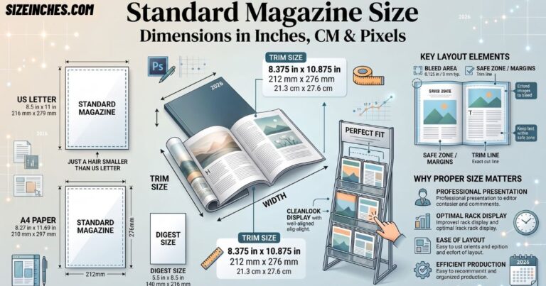 Standard magazine size chart showing 8.375 by 10.875 inch trim dimensions in inches, cm, and mm.