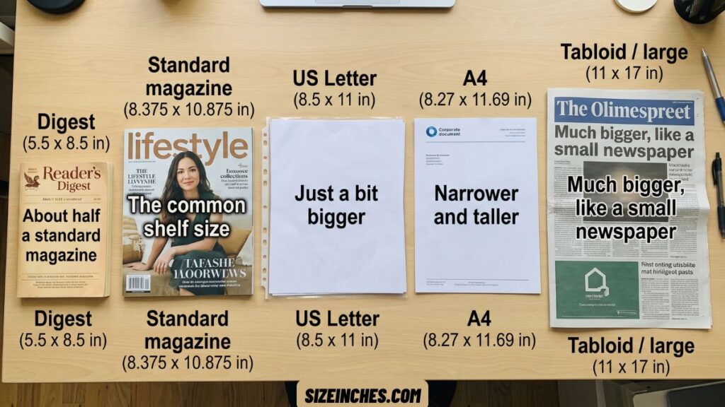 Standard magazine size comparison next to digest, US Letter, A4, and tabloid print dimensions.