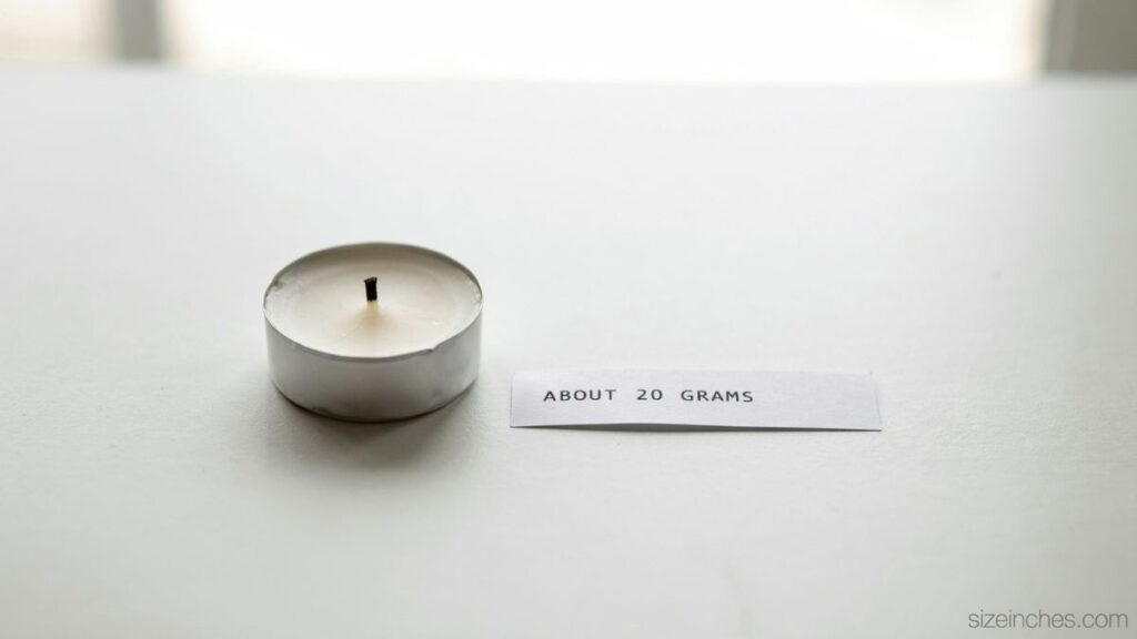 A single tea light candle weighing about 20 grams as a household weight reference