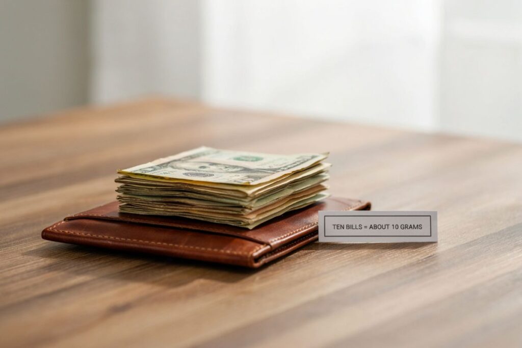 A stack of ten dollar bills weighing about 10 grams as a weight reference