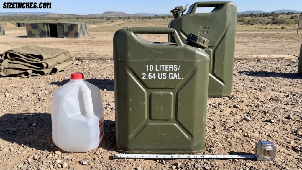 A 10-liter jerry can holding about 2.6 US gallons as a mid-size fuel can