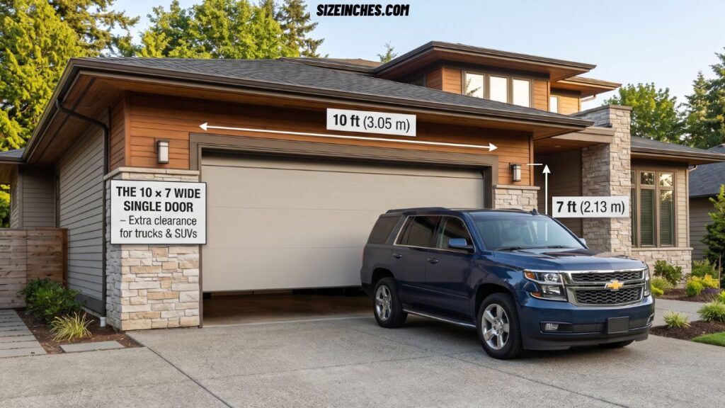 A 10 by 7 foot wide single garage door for trucks and SUVs