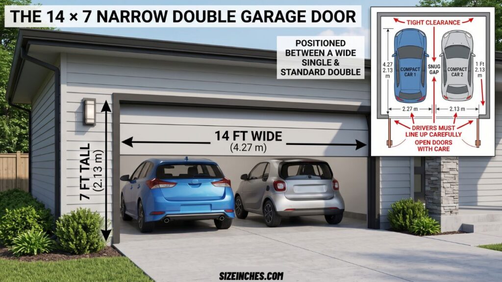 A 14 by 7 foot narrow double garage door for two compact cars