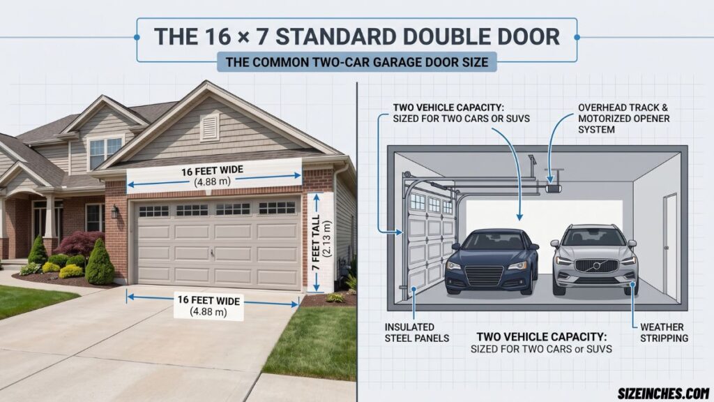 A 16 by 7 foot standard double garage door for two cars