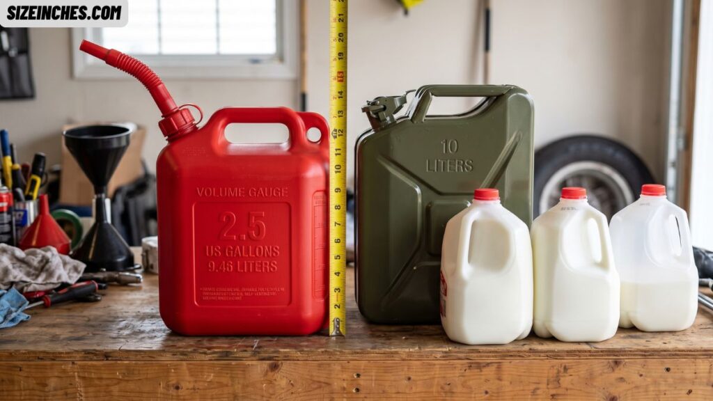 A 2.5-gallon jerry can holding about 9.5 liters as a common US fuel can size