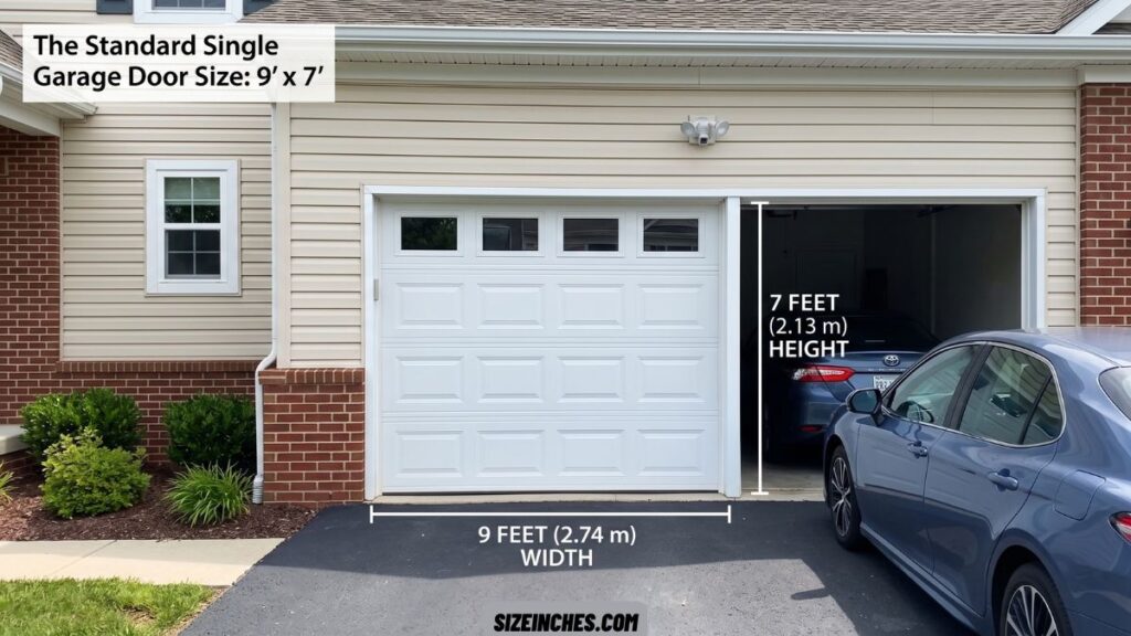 A 9 by 7 foot standard single garage door, the most common single-car size
