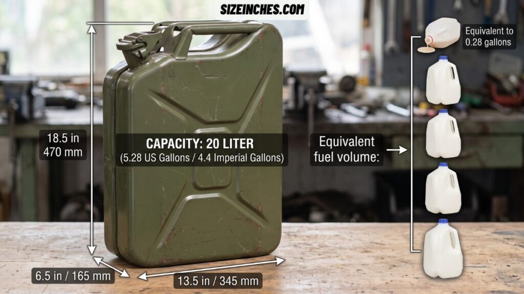 A classic 20-liter jerry can holding 5.3 US gallons shown as the standard jerry can size