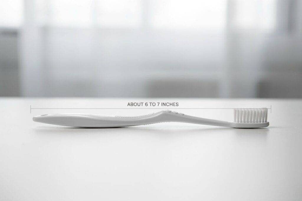 A standard toothbrush next to a dollar bill showing a similar length of about 6 inches