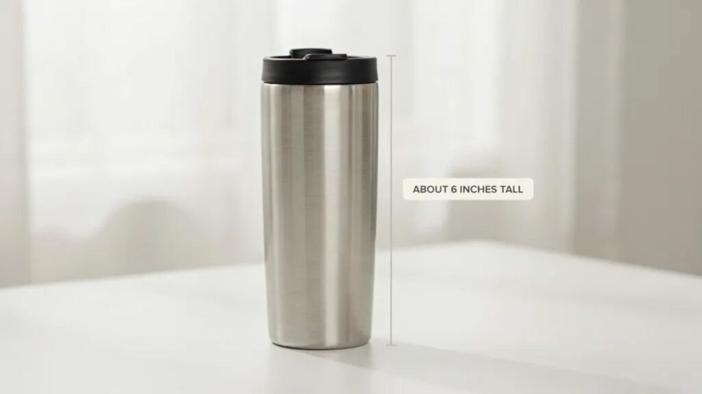 A small travel mug next to a Celsius can showing a similar height of about 6 inches