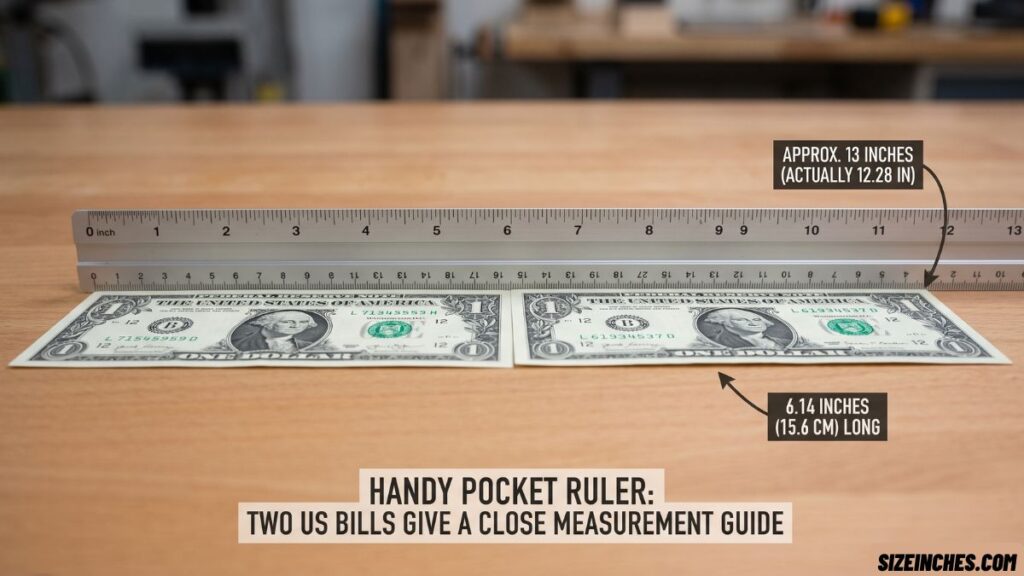 Two dollar bills laid end to end measuring about 12.3 inches, close to 13 inches