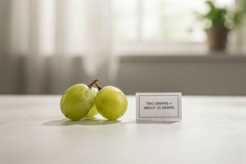Two medium grapes weighing about 10 grams as a food weight reference