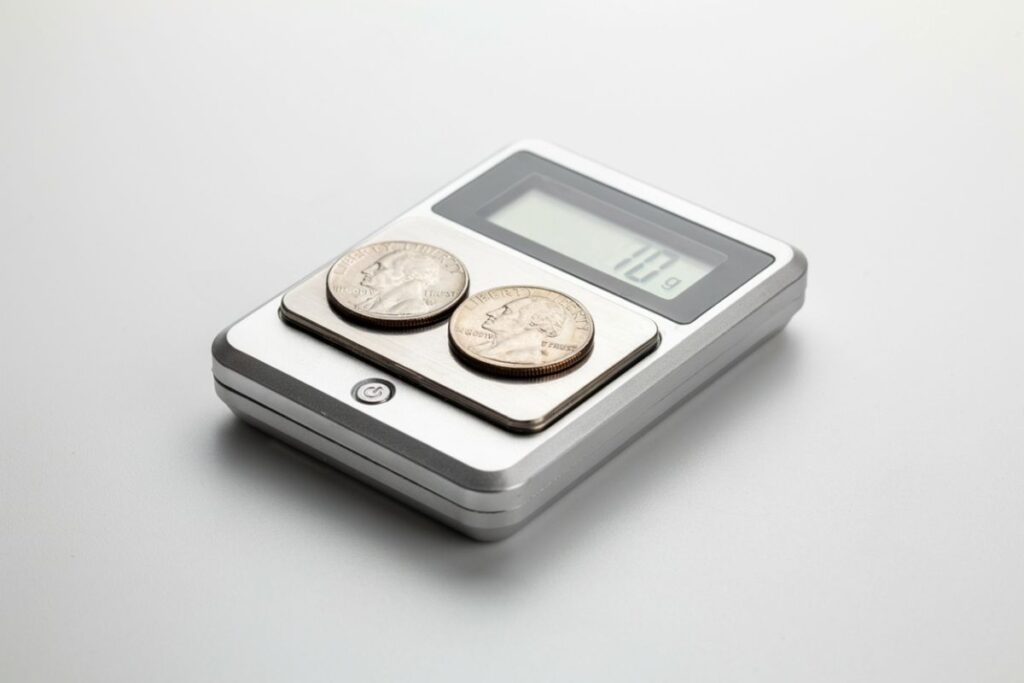 Two US nickels that weigh exactly 10 grams shown as a weight reference