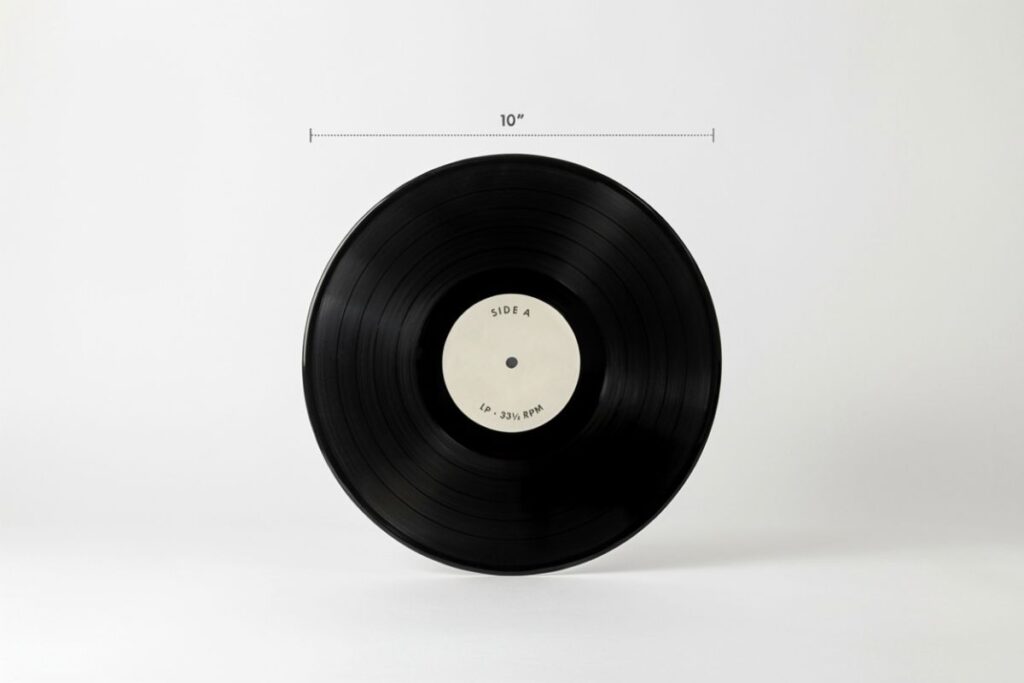 A 10-inch vinyl record that measures exactly 10 inches across as a length guide