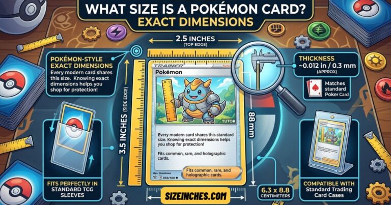 Pokémon card size chart showing 2.5 by 3.5 inch standard trading card dimensions.