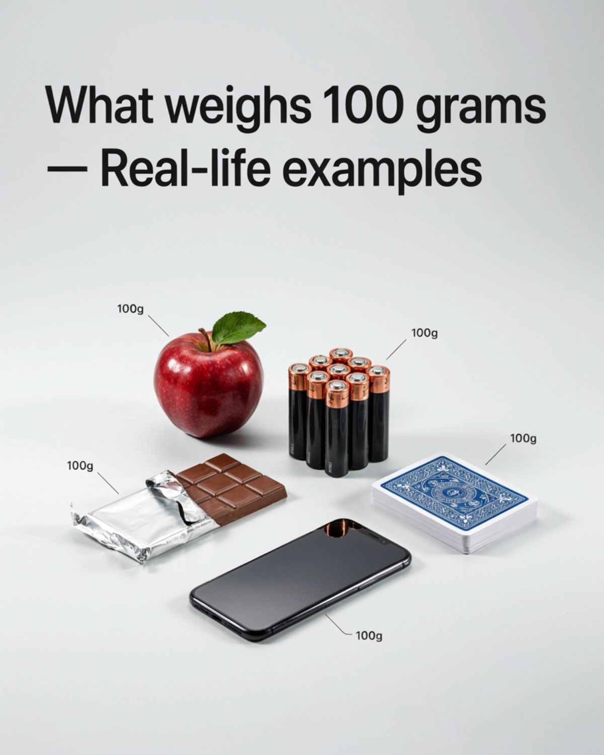 Real-life examples of what weighs 100 grams including an apple, batteries, chocolate bar, cards, and a smartphone