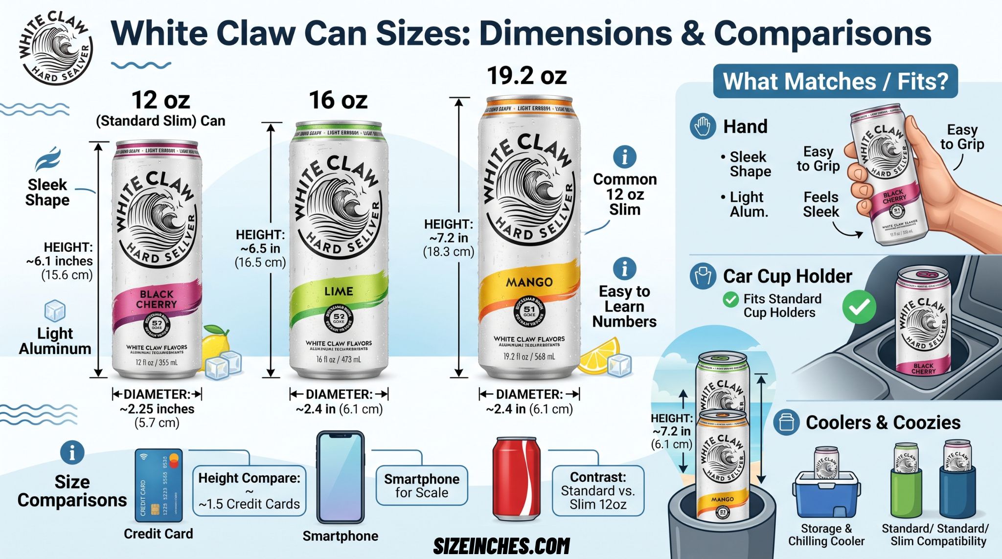 White Claw can sizes chart comparing 12 oz, 16 oz, and 19.2 oz hard seltzer can dimensions.
