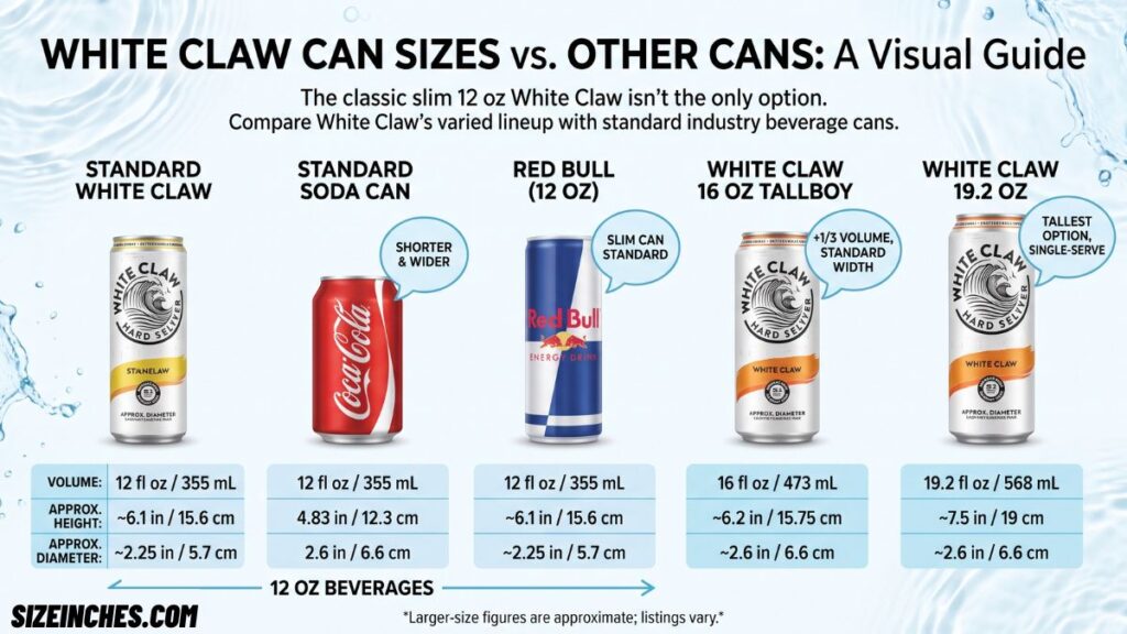 White Claw can size comparison against a standard soda can, Red Bull, and 16 oz and 19.2 oz cans.